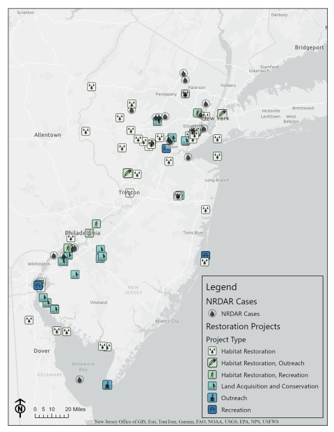 A map displaying the location of projects associated with Natural Resource Damage Assessment and Restoration cases in New Jersey.