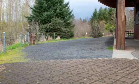Image of a brown paver path connecting with a gray crushed gavel path with vertical columns of a shade structure on the right and green evergreen trees in the background.