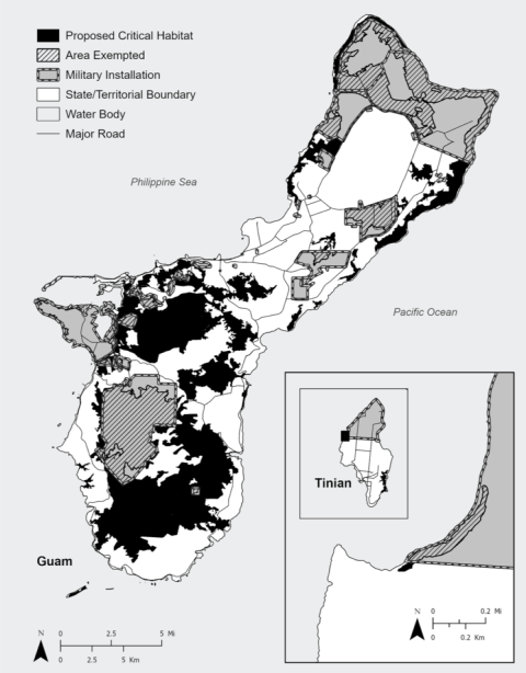 A map of Guam and Tinian showing the military installations and areas that are exempt from critical habitat