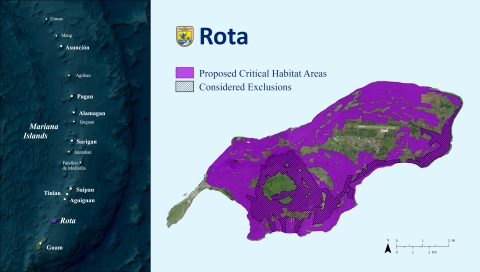 A map highlighting the proposed areas for critical habitat on Rota