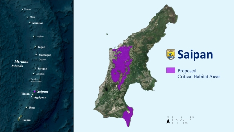 A map highlighting the proposed areas for critical habitat on Saipan