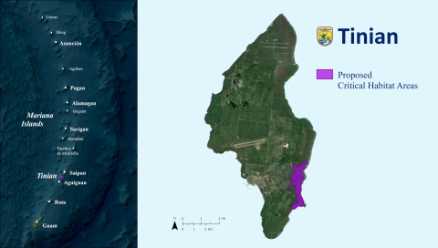 A map highlighting the proposed areas for critical habitat on Tinian