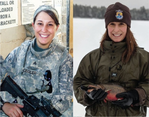 2 photos: left: woman in fatigues with weapon. Right: woman in coat, FWS hat holding fish