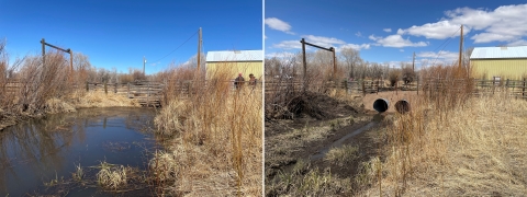 Side-by-side before-and-after photos of the restoration site. The left image shows stream water pooled against deteriorated infrastructure, blocking natural flow. The right image shows the completed restoration, with two new culverts installed that allow water to flow freely through the stream channel.