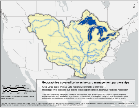 Map of the contiguous United States with the entirety of the Midwest and portions of the Northeast, Southeast, Northeast and Northwest, as well as a portion of Ontario, Alberta and Saskatchewan, Canada, covered by invasive carp management partnerships. These geographies cover 30 U.S. states and include the Great Lakes basin, and the Upper and Lower Mississippi, Ohio, Missouri, Arkansas-Red-White and Tennessee-Cumberland River basins.