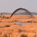 A machine operator sprays a black arc of sediment into the marsh.