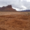 Image of a dry field with square treatment plots and a large geologic formation visible in the background