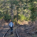 A person wearing a technical backpack walks down railroad tracks in the forest
