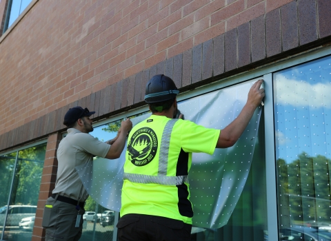 2 men install bird-friendly materials on a glass window