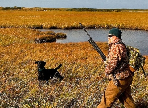 Two men carrying guns and backpacks walk across grassland next to a body of water with their hunting dog