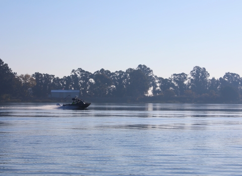 A boat is pictured in the middle of a tree lined river